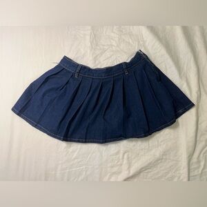 Women's Dark Blue Pleated Denim Skater Mini Skirt